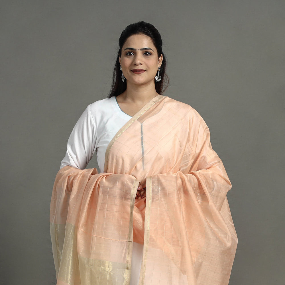 Peach - Handloom Silk Cotton Zari Work Maheshwari Dupatta 09