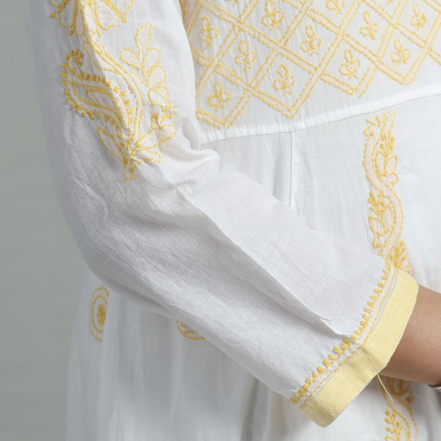 White Yellow Chikankari Hand Embroidered Cotton Anarkali Long Kurta with Inner