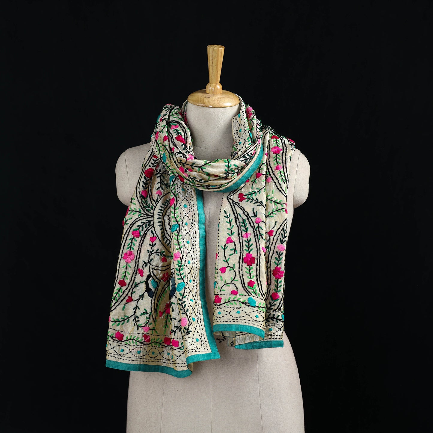 Beige - Ranihati Chanderi Silk Hand Embroidered Stole 16