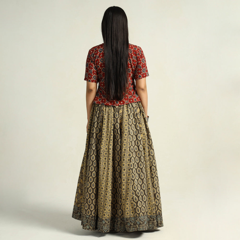 Brown - Kutch Block Printed 24 Kali Cotton Long Skirt 12