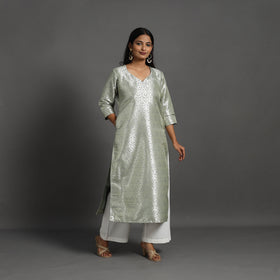 Grey - Cutwork Tissue Zari Jaal Banarasi Silk Kurta 04