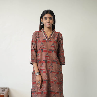 Brown - Block Printed Cotton Straight Ajrakh Kurta 18