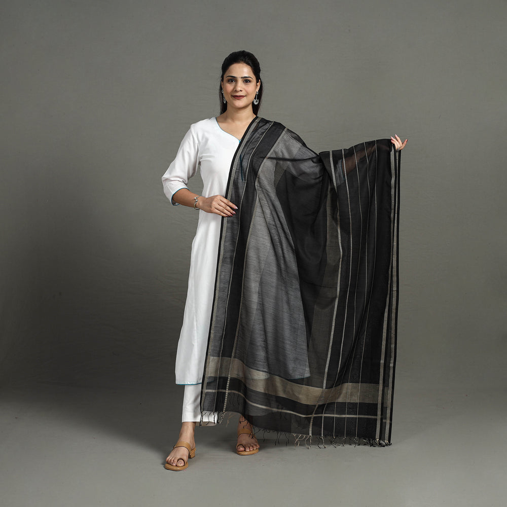 Black - Handloom Silk Cotton Maheshwari Dupatta 10