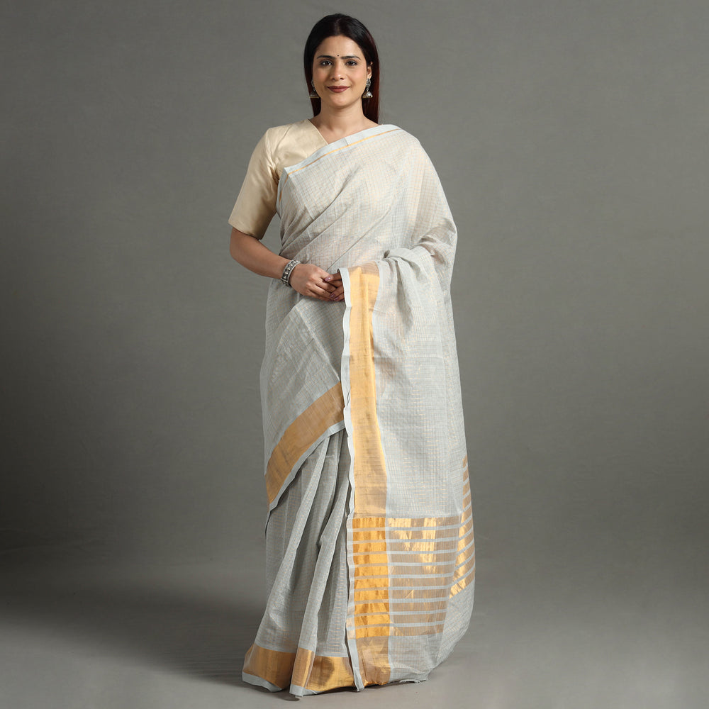 Grey - Traditional Venkatagiri Handloom Cotton Zari Checks Saree with One Side Zari Border 32