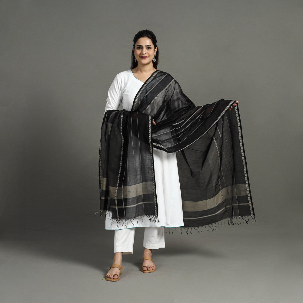 Black - Handloom Silk Cotton Maheshwari Dupatta 10