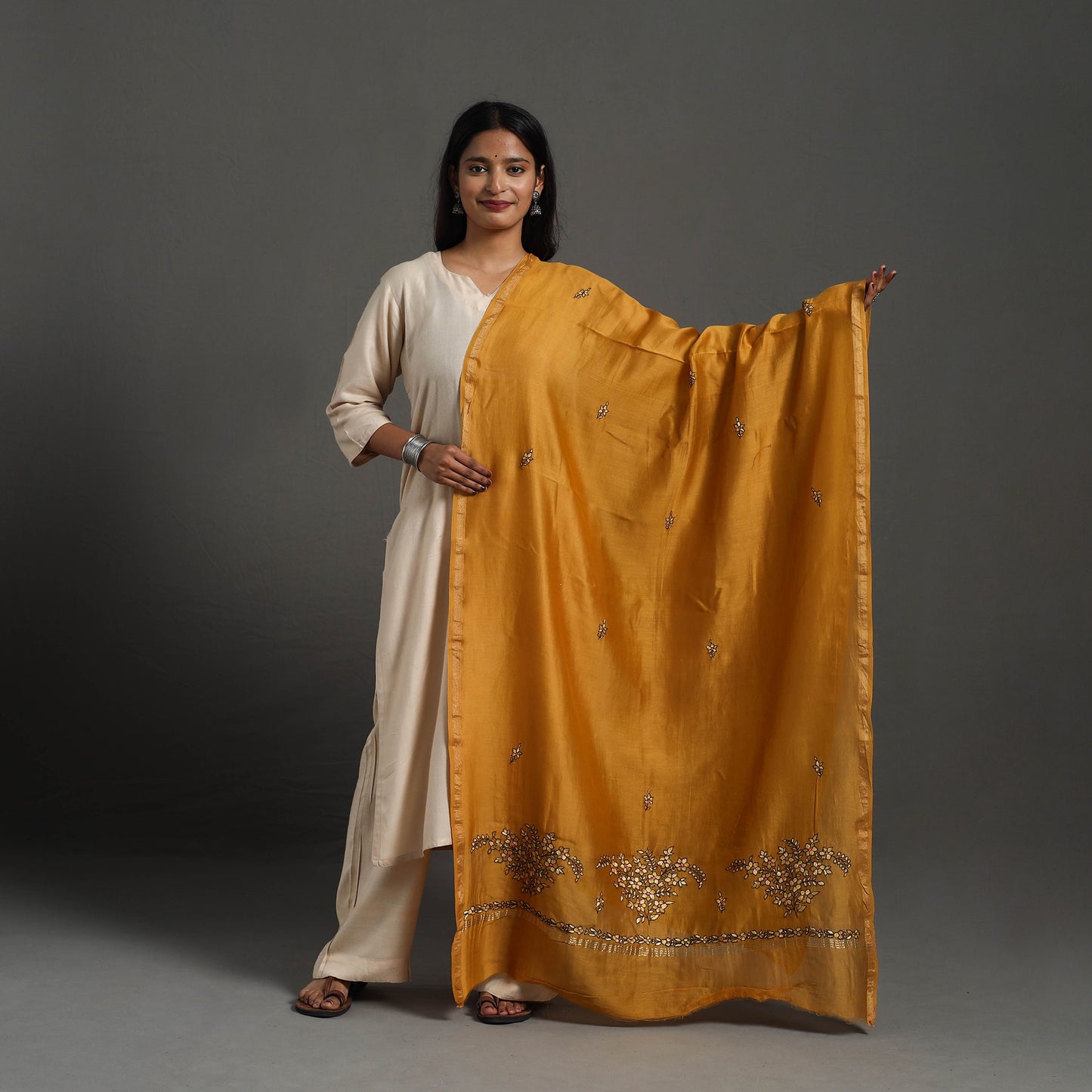 Orange - hand embroidered chanderi silk handloom kashida