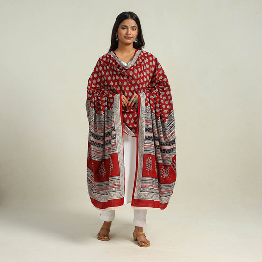 Red - Hand Block Print Cotton Bagh Dupatta 30