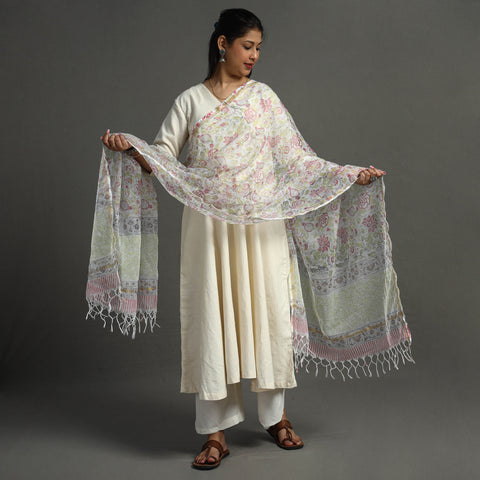 White - Block Printed Kota Doria Cotton Sanganeri Dupatta 46