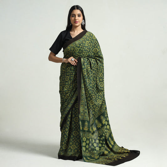 Green - Ajrakh Block Printed Mul Cotton Saree
