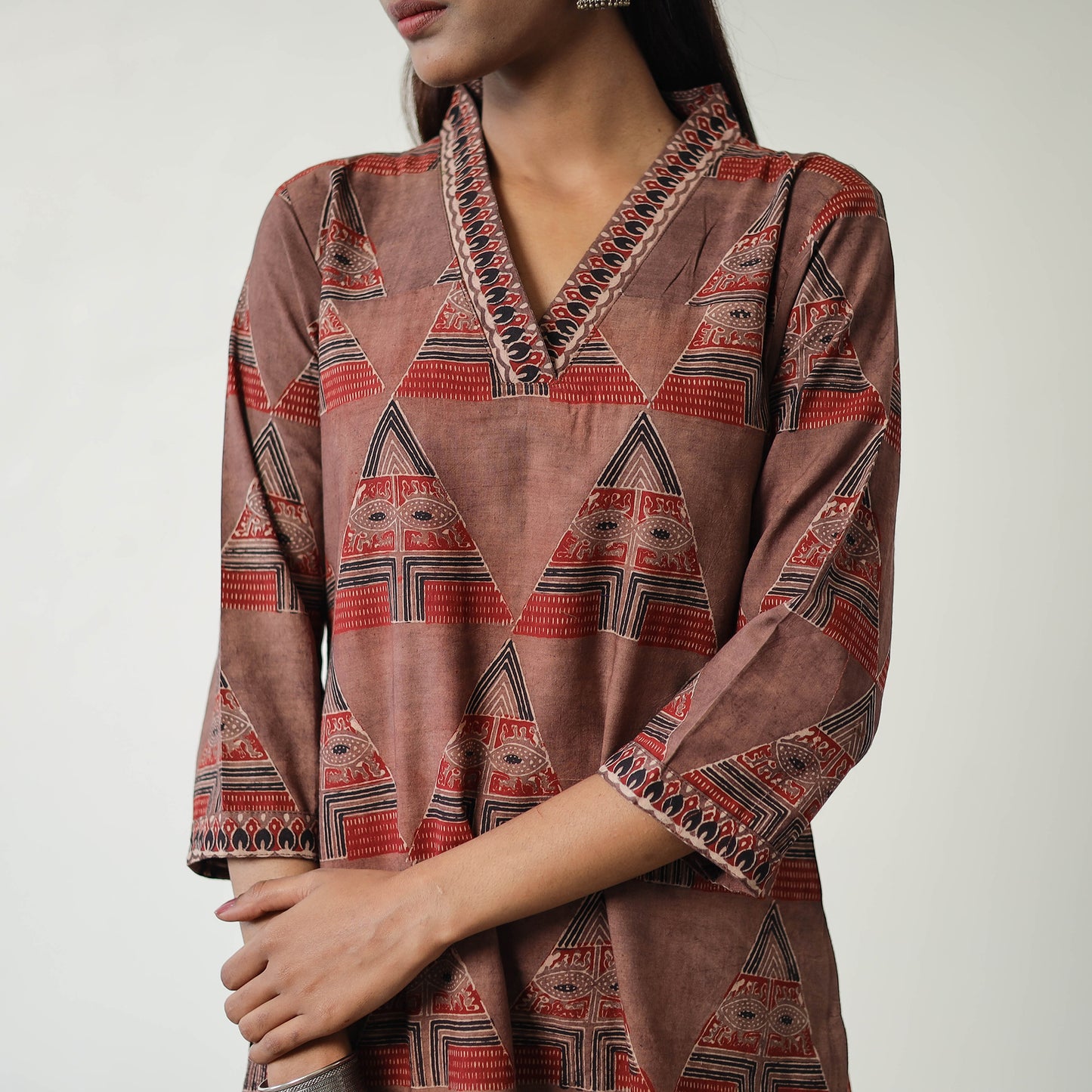 Brown - Block Printed Cotton Straight Ajrakh Kurta 18