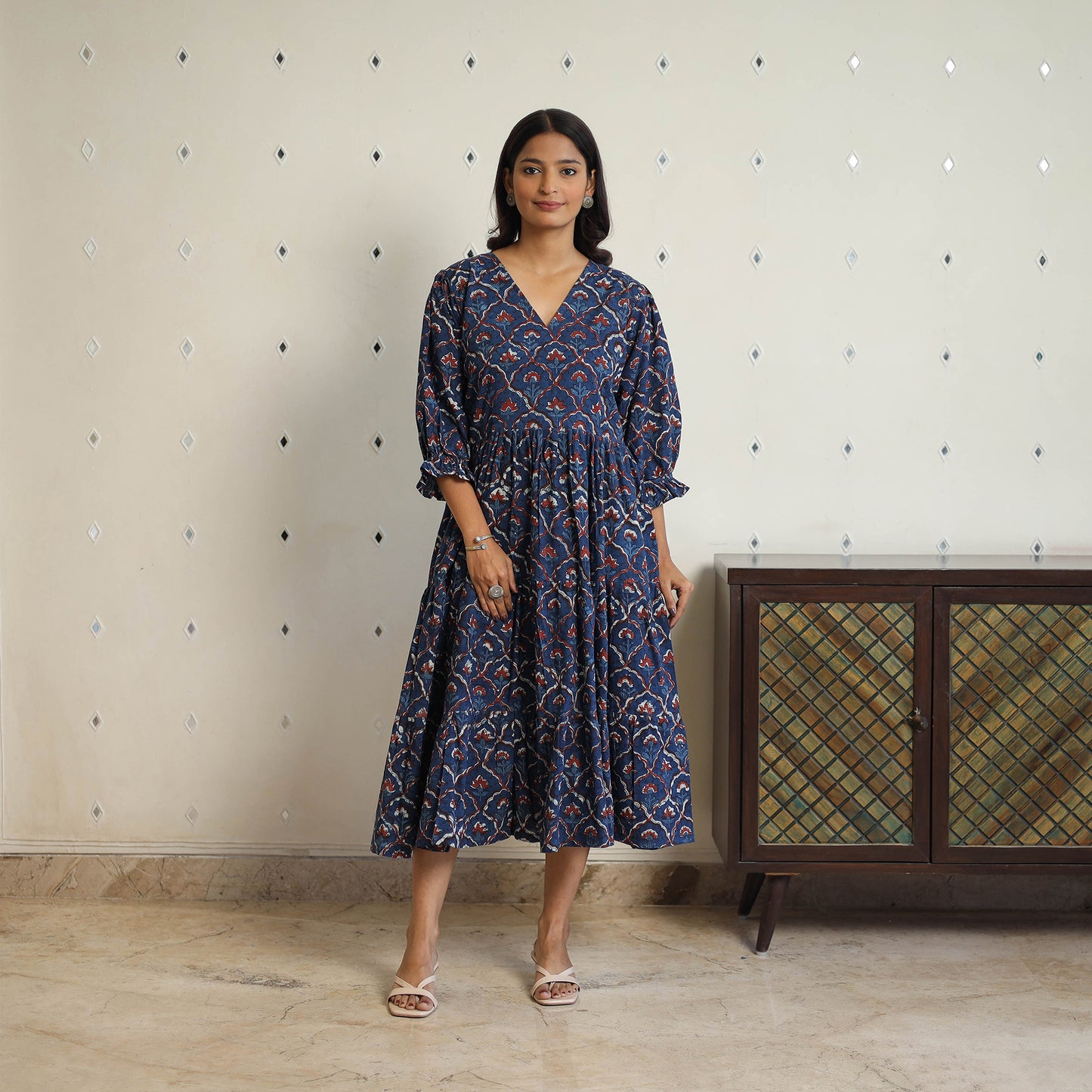 Blue - Block Printed Cotton Flare Jahota Dress 10