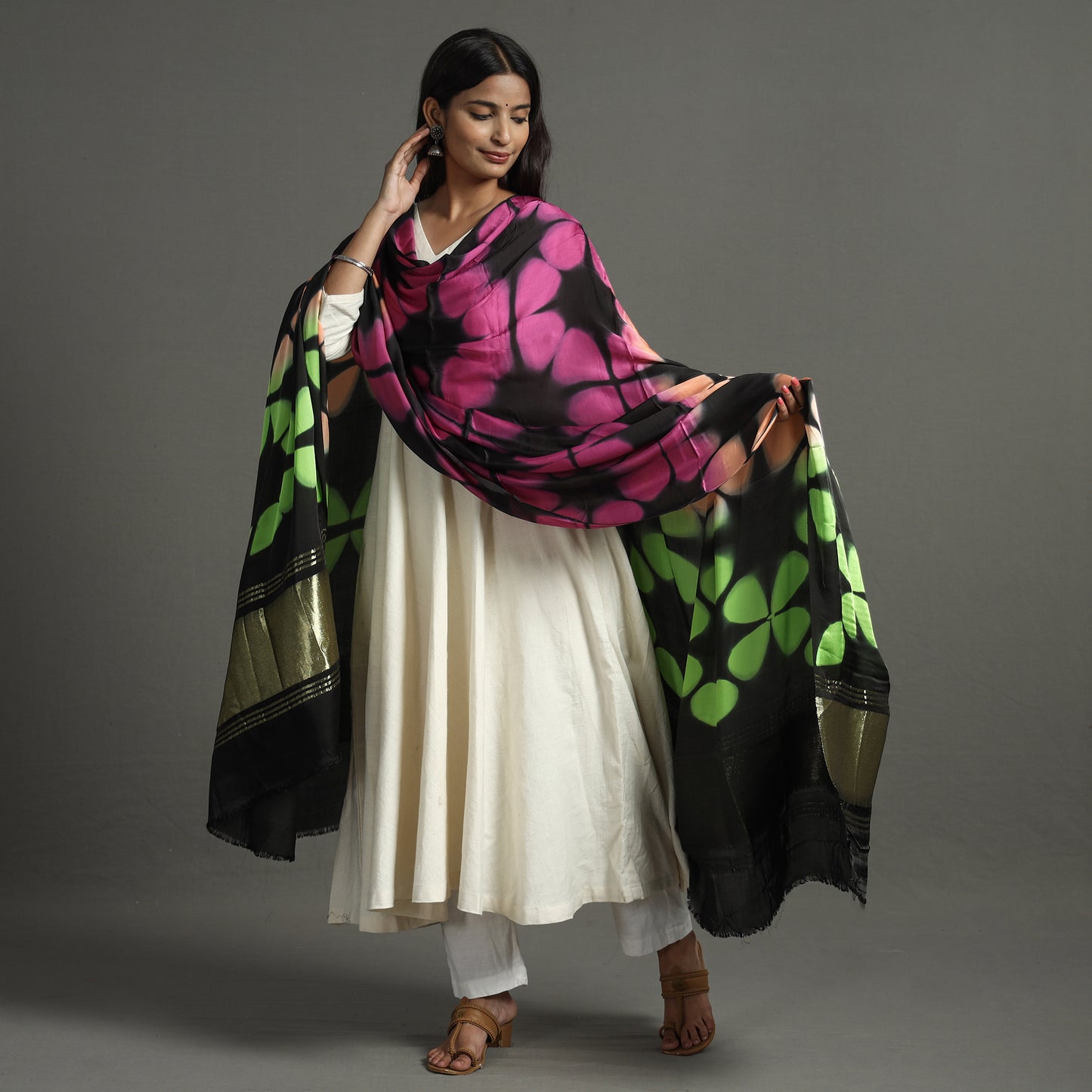 Multicolor - Shibori Clamp Dyed Modal Silk Dupatta with Zari Border 21