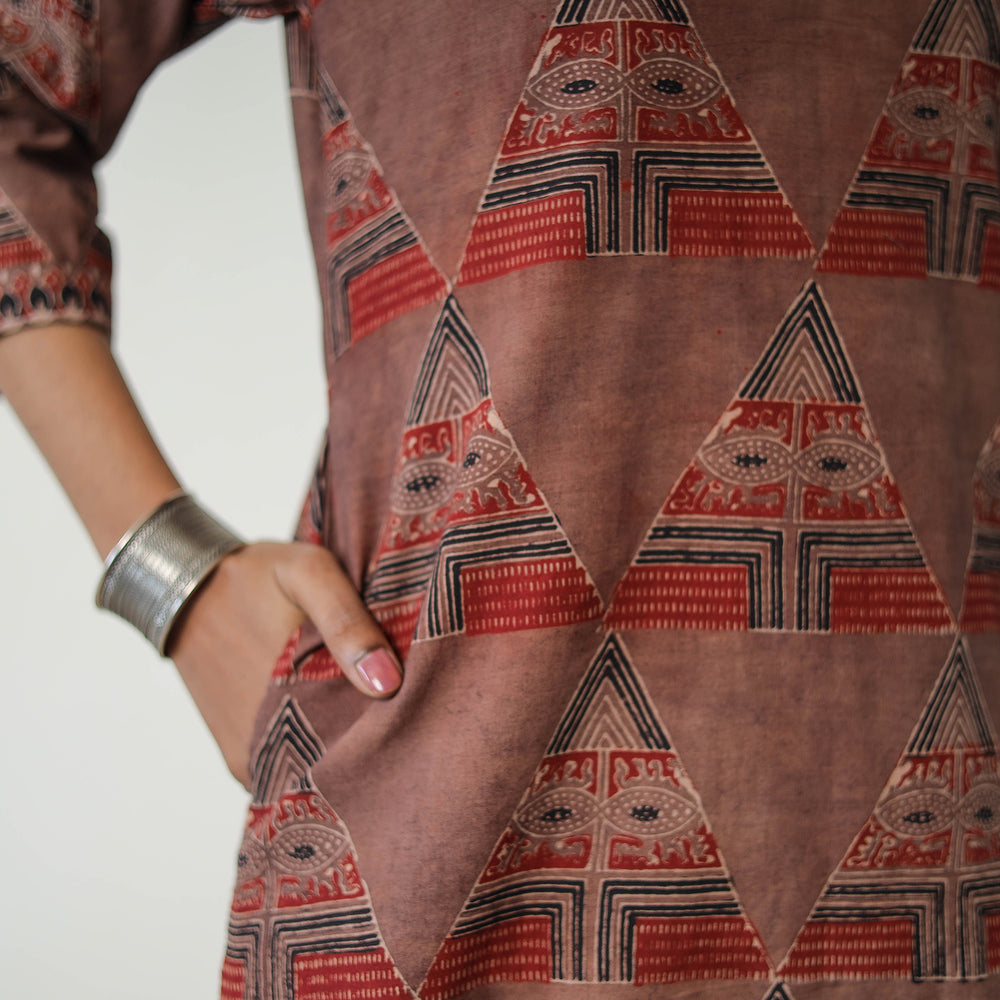 Brown - Block Printed Cotton Straight Ajrakh Kurta 18