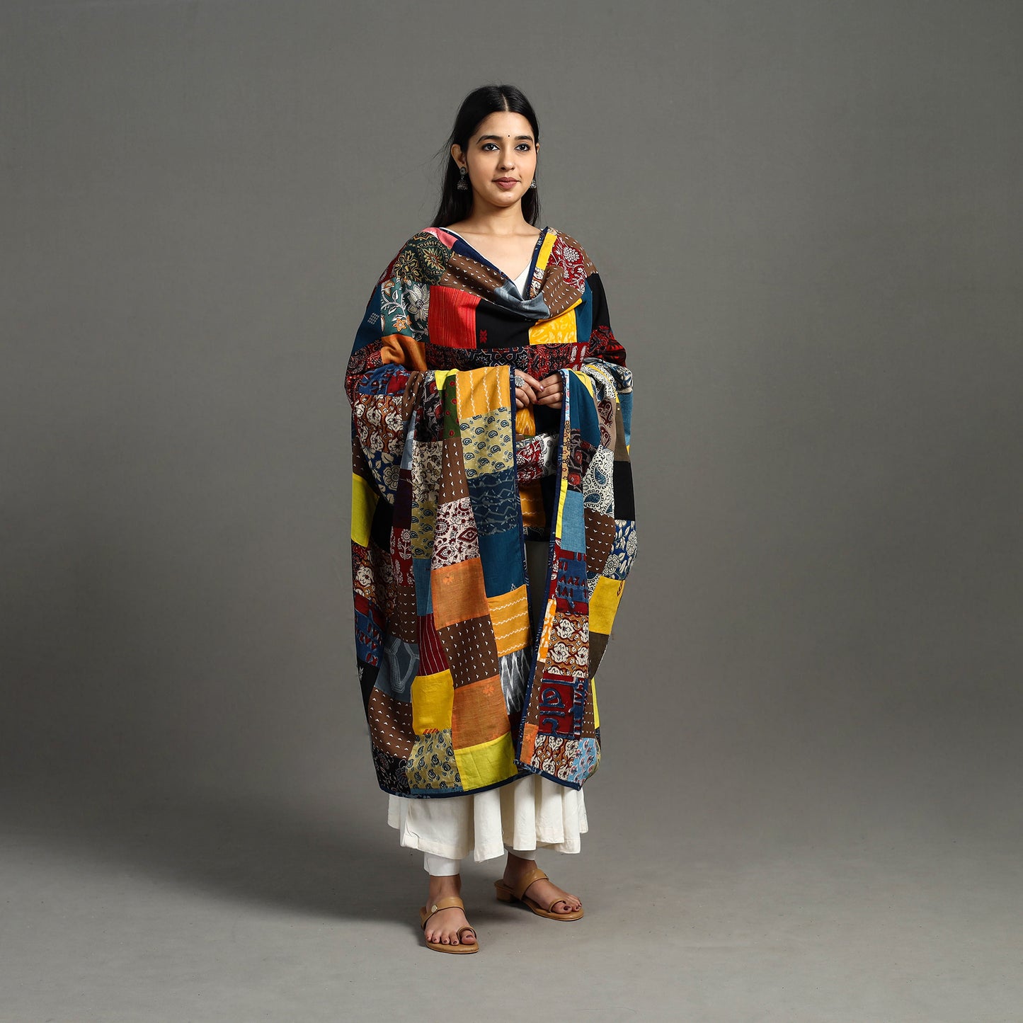 Multicolor - indigo cotton reversible patchwork dupatta 14