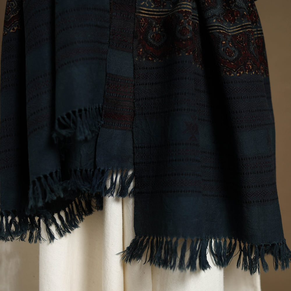 Blue - Kutch Handwoven Ajrakh Print Pure Wool Shawl 14