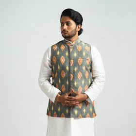 Grey - Pochampally Central Asian Ikat Handloom Cotton Men Nehru Jacket