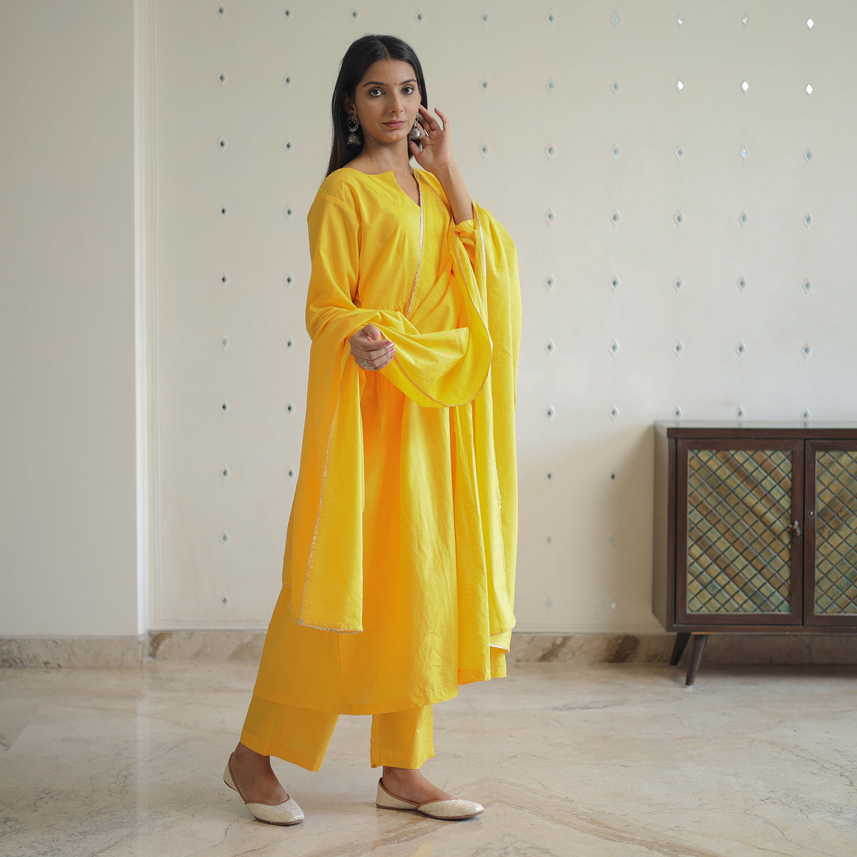 Sunny Yellow Cotton Flared Kurta with Palazzo & Dupatta Set