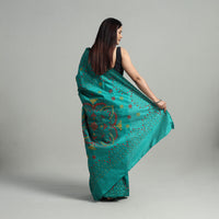 Green - Handcrafted Bengal Nakshi Kantha Work Silk Saree 15