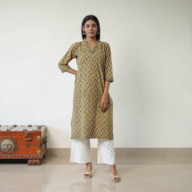 Yellow Block Printed Cotton Straight Ajrakh Kurta for Women