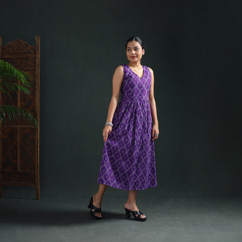 Pochampally Ikat Cotton Sleeveless Flared Long Dress for Women 20