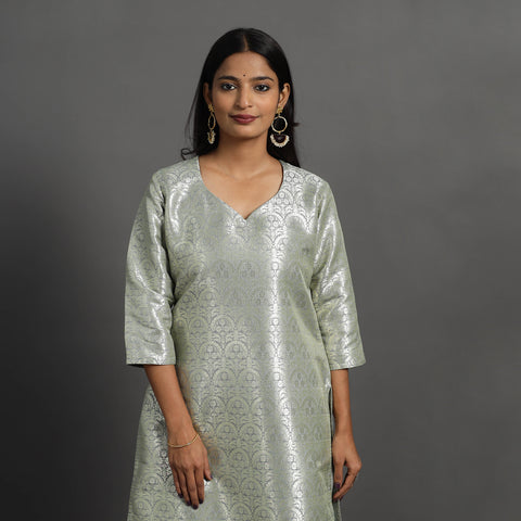 Grey - Cutwork Tissue Zari Jaal Banarasi Silk Kurta 04