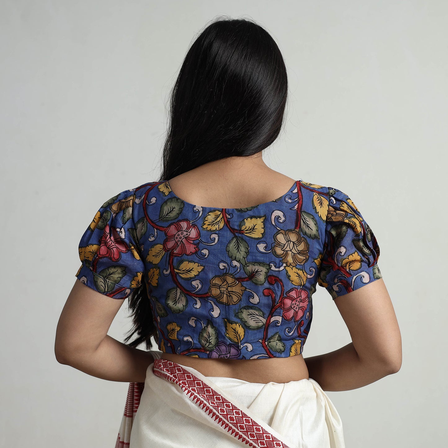 Blue - Srikalahasti Handpainted Penwork Kalamkari Chanderi Silk Stitched Blouse 08