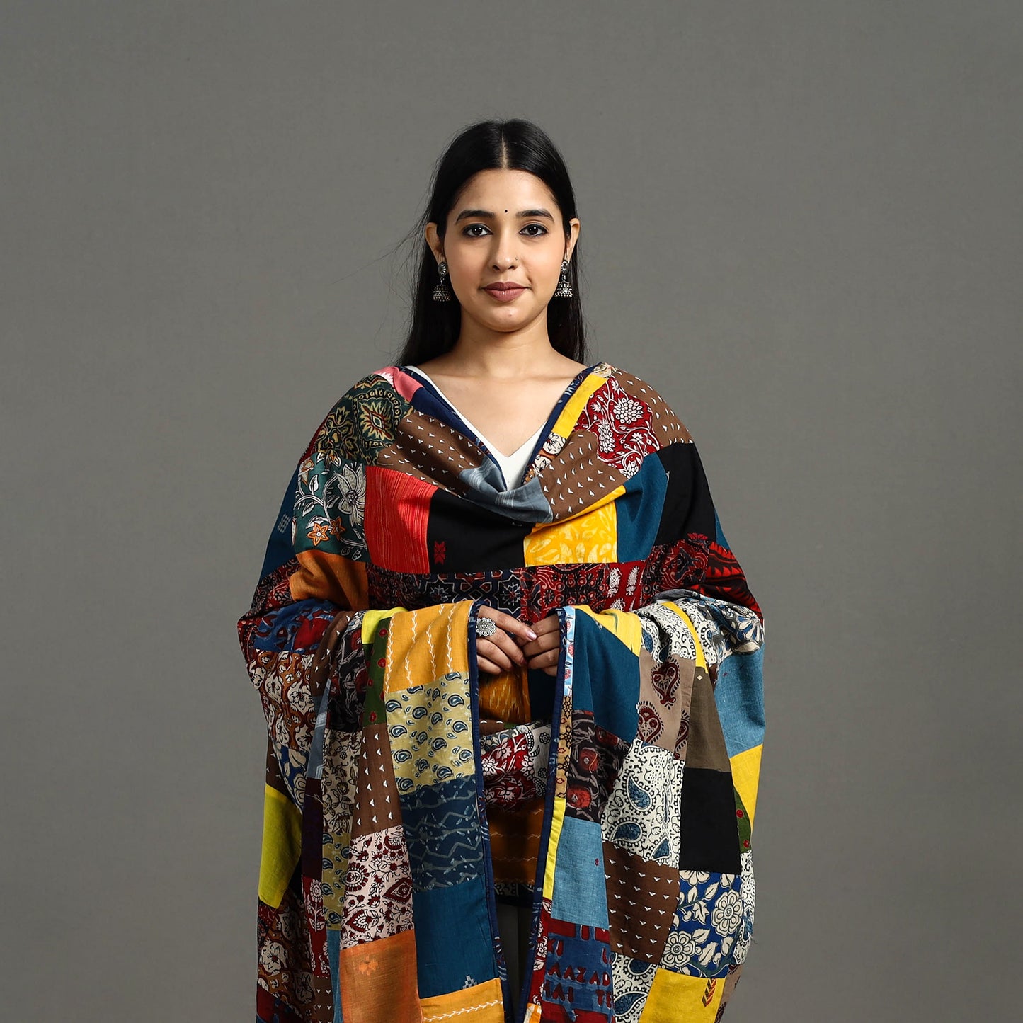 Multicolor - indigo cotton reversible patchwork dupatta 14