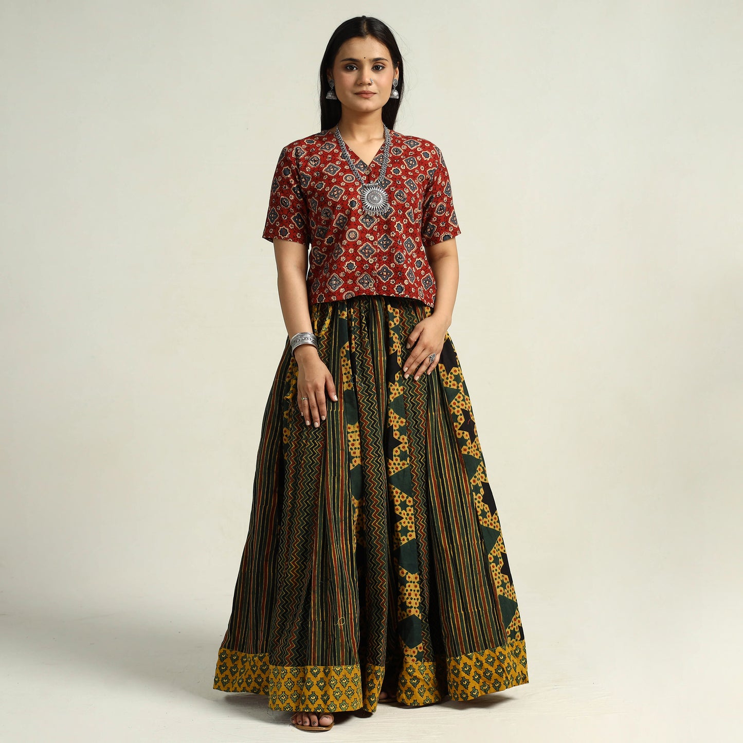 Multicolor - Kutch Block Printed 24 Kali Cotton Long Skirt 13