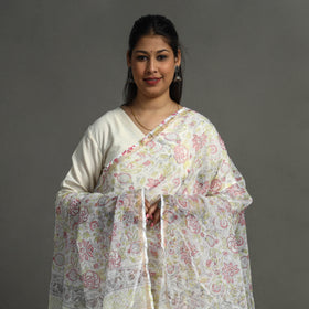 White - Block Printed Kota Doria Cotton Sanganeri Dupatta 46