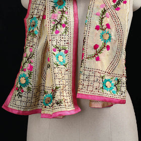 Beige - Ranihati Chanderi Silk Hand Embroidered Stole 19