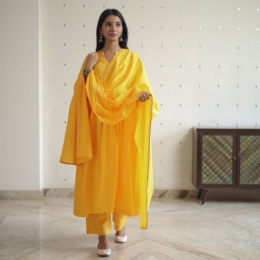 Sunny Yellow Cotton Flared Kurta with Palazzo & Dupatta Set