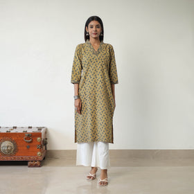 Yellow Block Printed Cotton Straight Ajrakh Kurta for Women