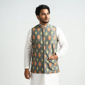 Grey - Pochampally Central Asian Ikat Handloom Cotton Men Nehru Jacket
