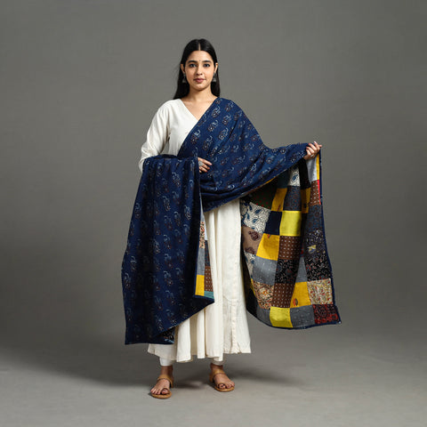 Multicolor - Indigo Cotton Reversible Patchwork Dupatta 14