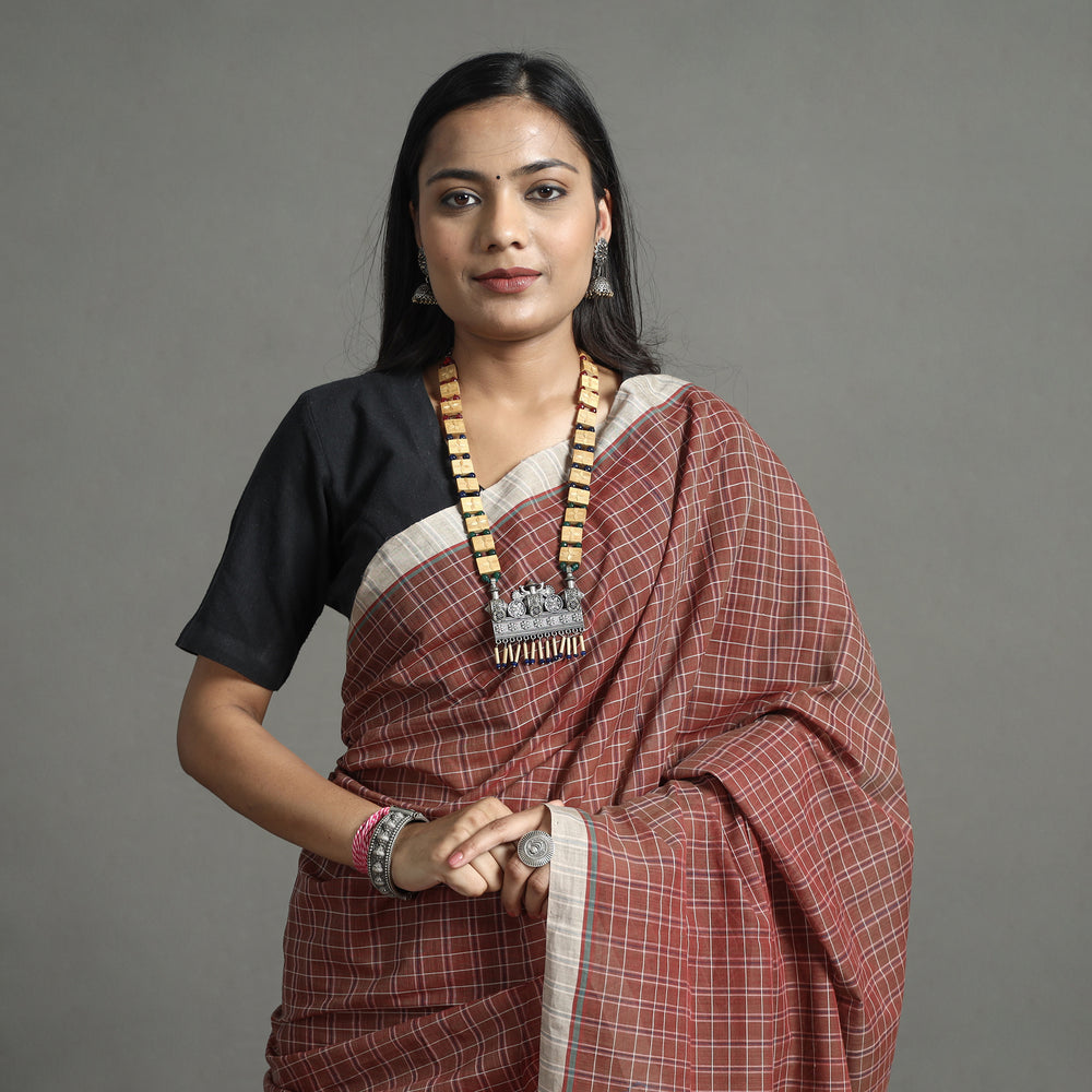 Maroon - Pure Handloom Natural Dyed Checks Cotton Saree 21