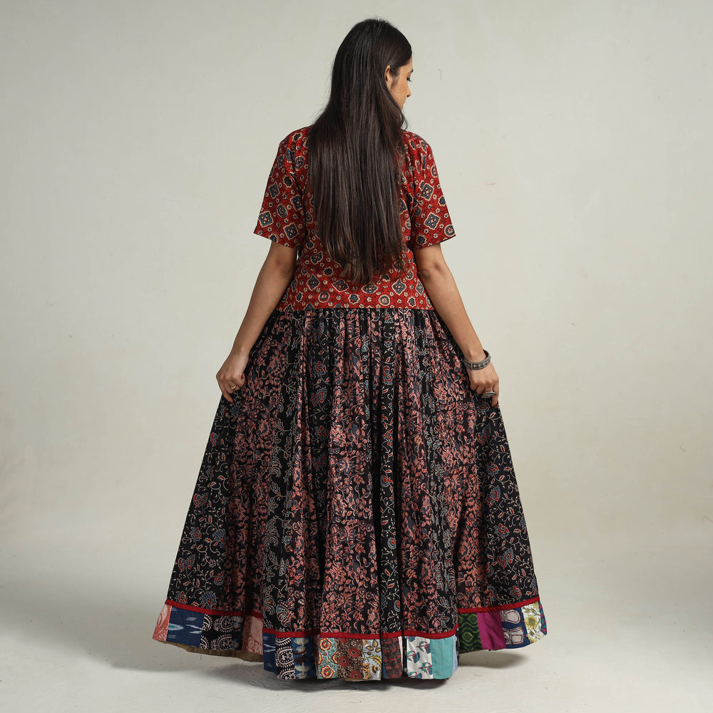 Multicolor - Kutch Block Printed 24 Kali Cotton Long Skirt 24