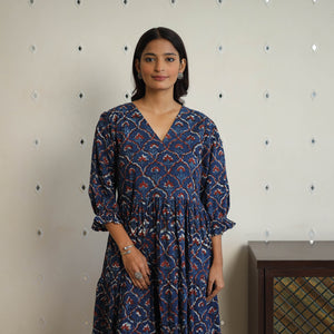 Blue - Block Printed Cotton Flare Jahota Dress 10