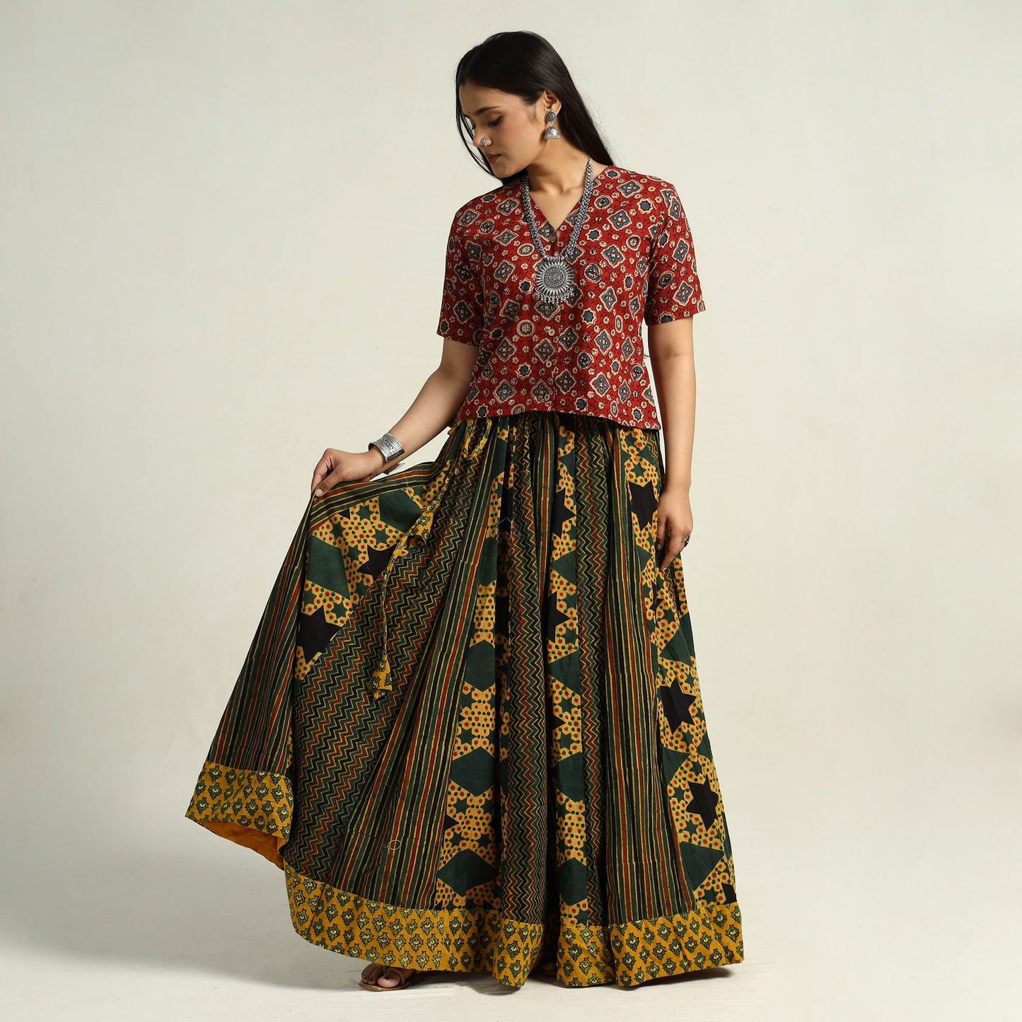 Multicolor - Kutch Block Printed 24 Kali Cotton Long Skirt 13