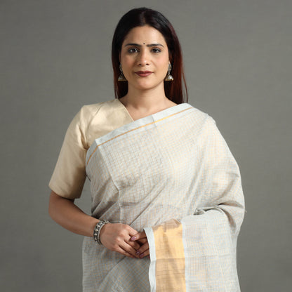 Grey - Traditional Venkatagiri Handloom Cotton Zari Checks Saree with One Side Zari Border 32
