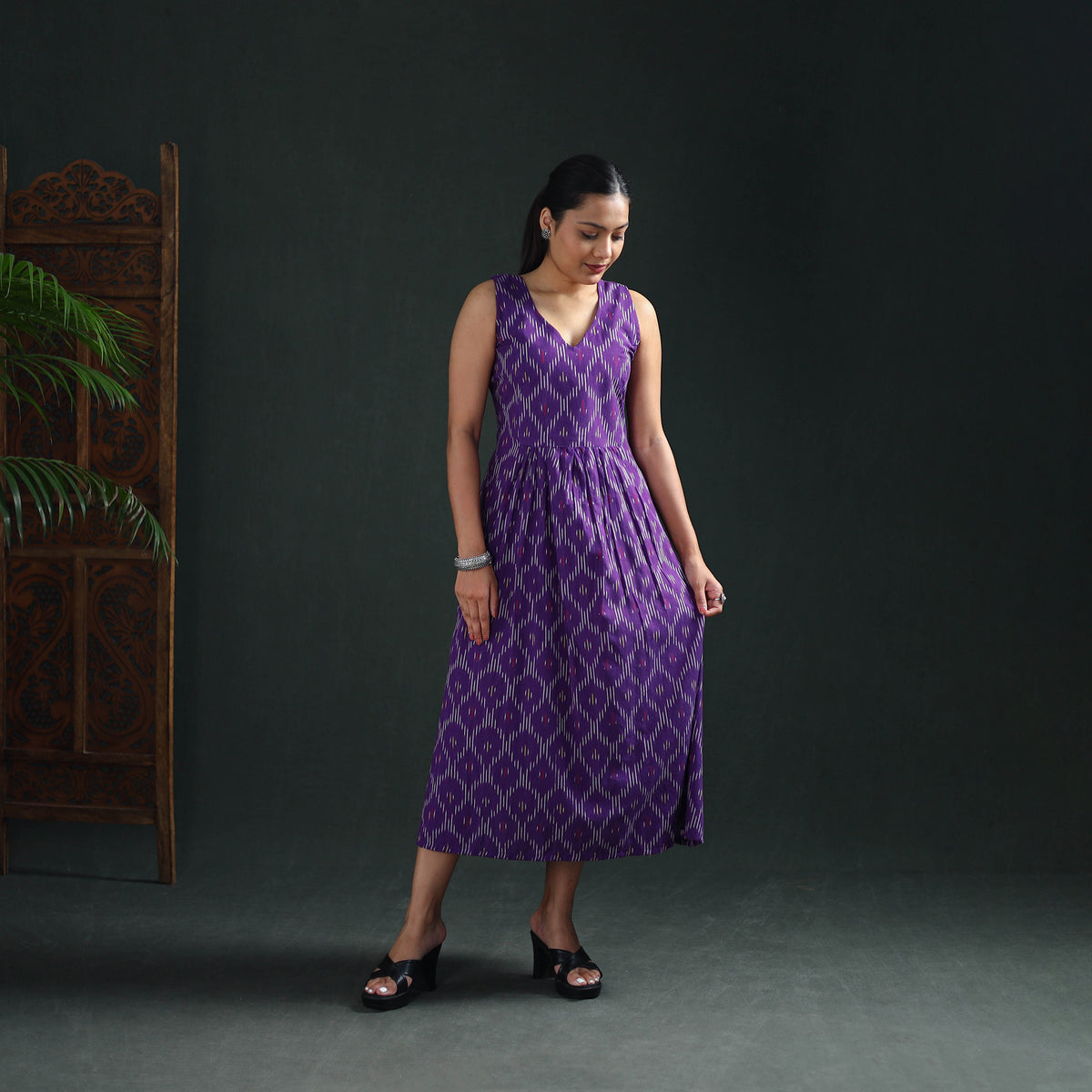 Pochampally Ikat Cotton Sleeveless Flared Long Dress for Women 20