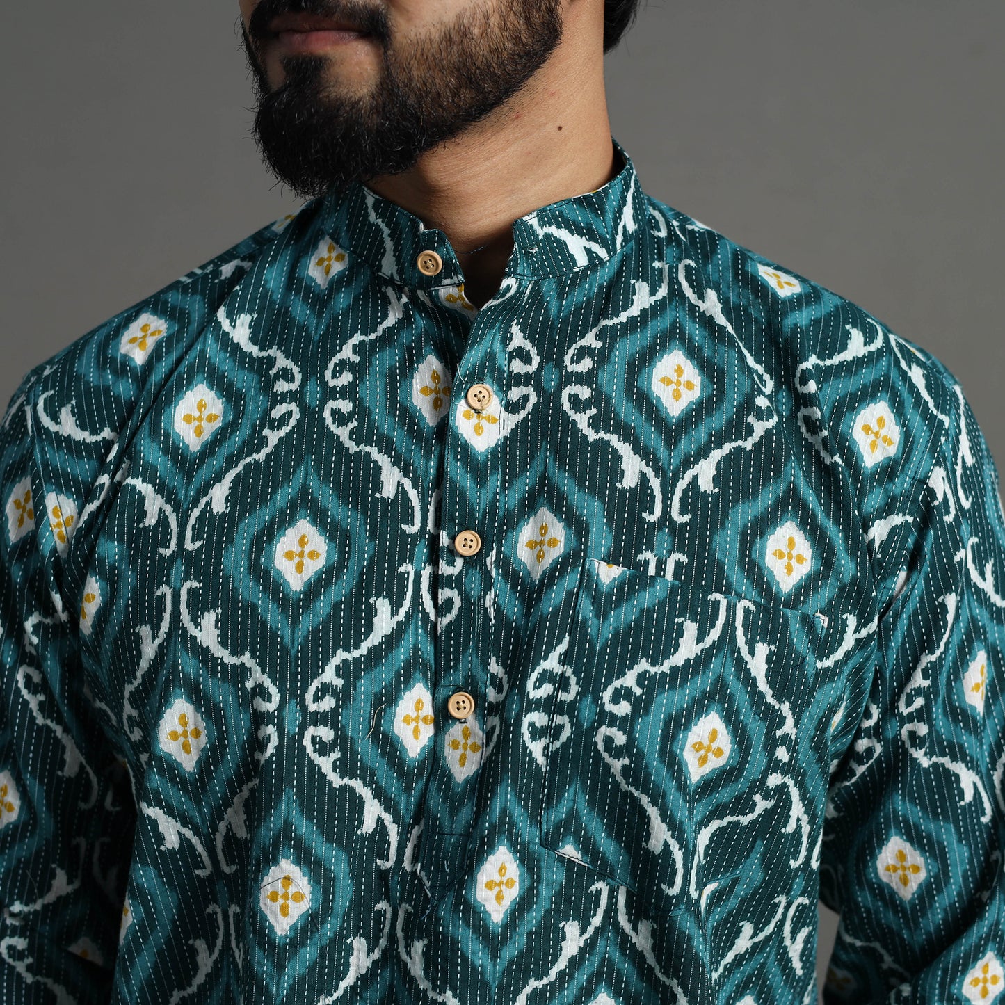 Kantha Stitch Cotton Short Sanganeri Kurta for Men 02