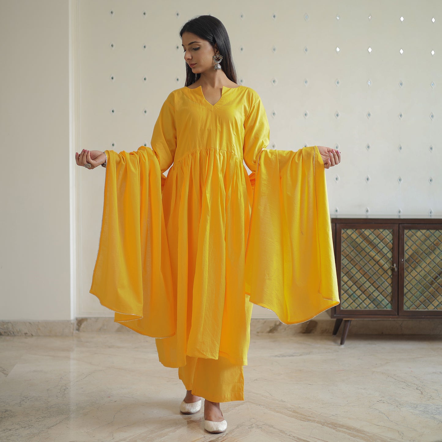 Sunny Yellow Cotton Flared Kurta with Palazzo & Dupatta Set