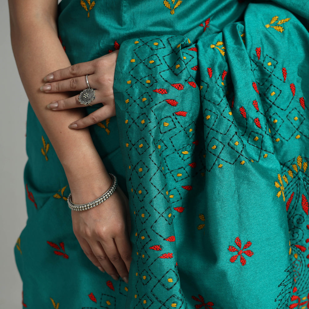 Green - Handcrafted Bengal Nakshi Kantha Work Silk Saree 15