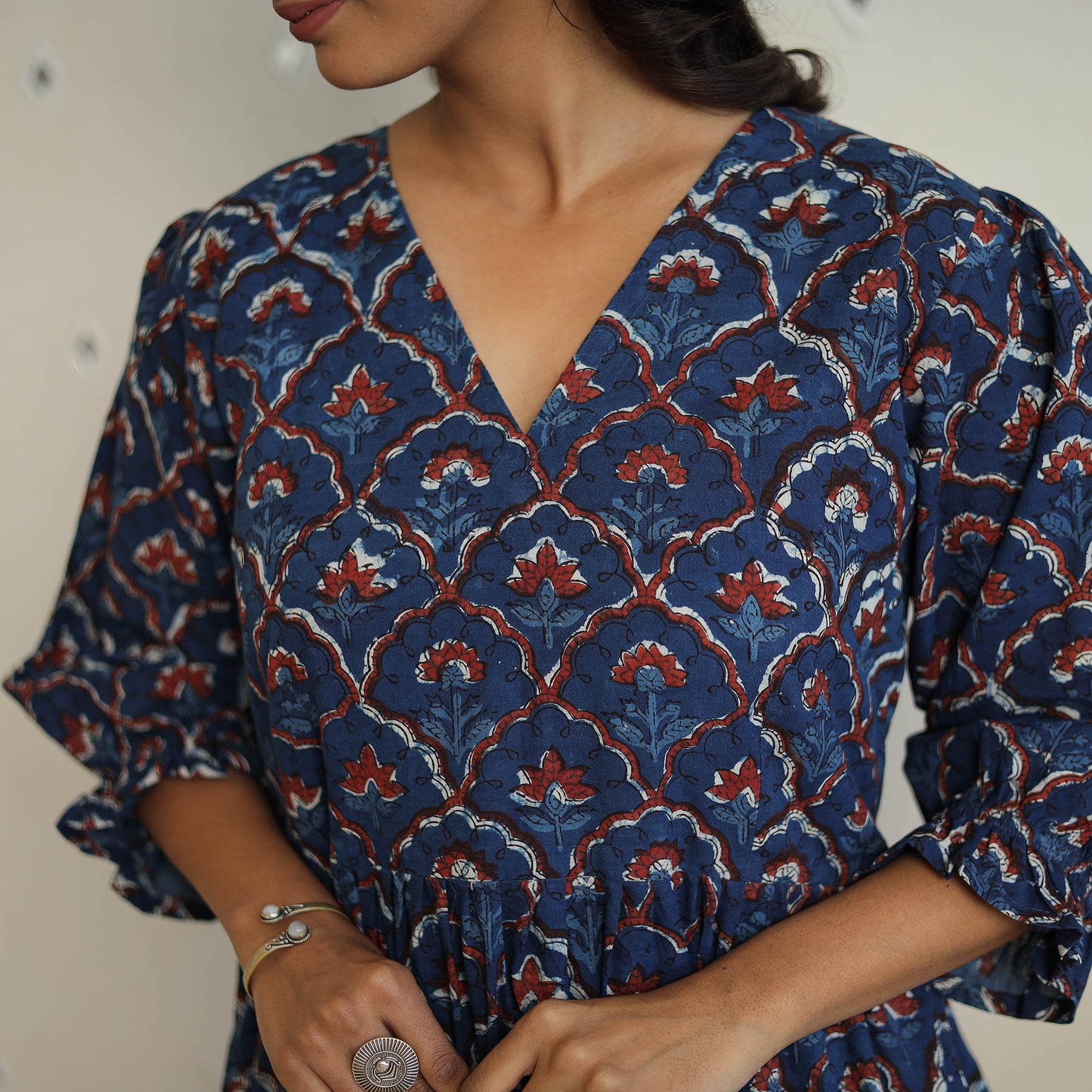 Blue - Block Printed Cotton Flare Jahota Dress 10