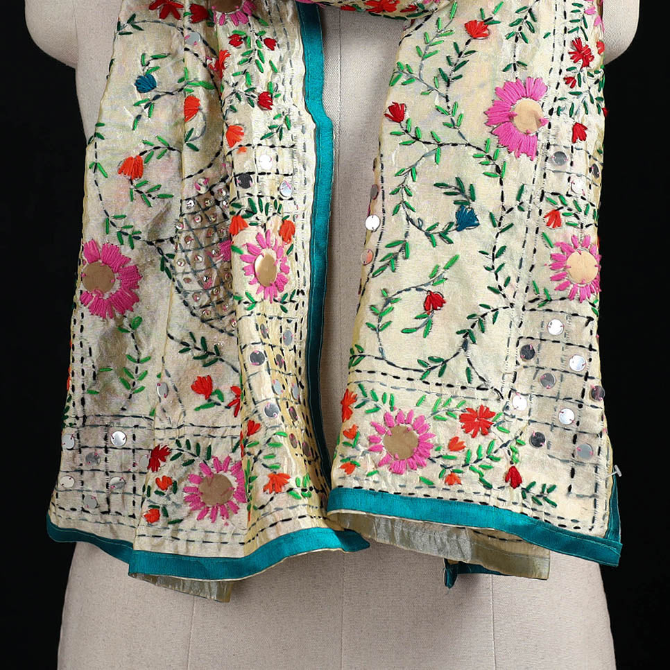 Beige - Ranihati Chanderi Silk Hand Embroidered Stole 20