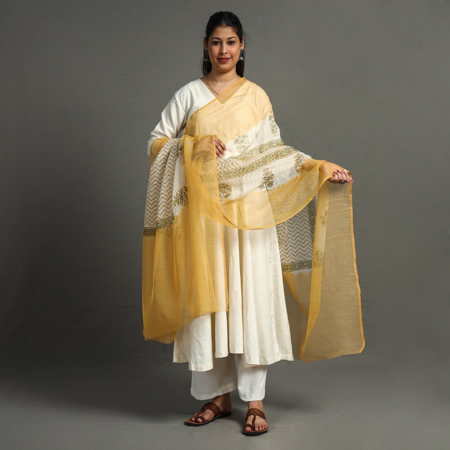 Yellow - Sanganeri Block Printed Kota Doria Cotton Dupatta 47