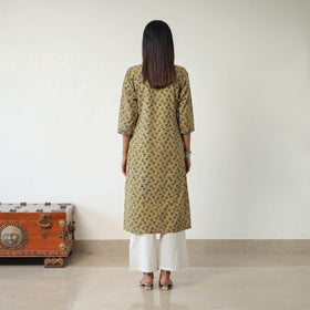 Yellow Block Printed Cotton Straight Ajrakh Kurta for Women