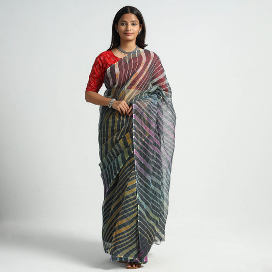 Black - Leheriya Tie-Dye Kota Doria Cotton Saree 16