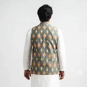 Grey - Pochampally Central Asian Ikat Handloom Cotton Men Nehru Jacket