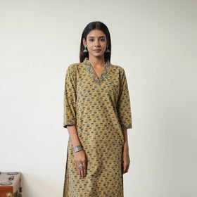 Yellow Block Printed Cotton Straight Ajrakh Kurta for Women